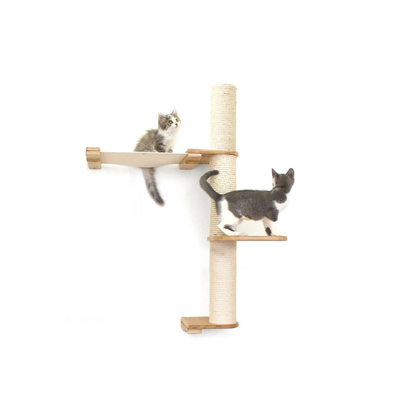 Tall wall mounted cat scratcher tree with a sisal pole installed high near the ceiling
