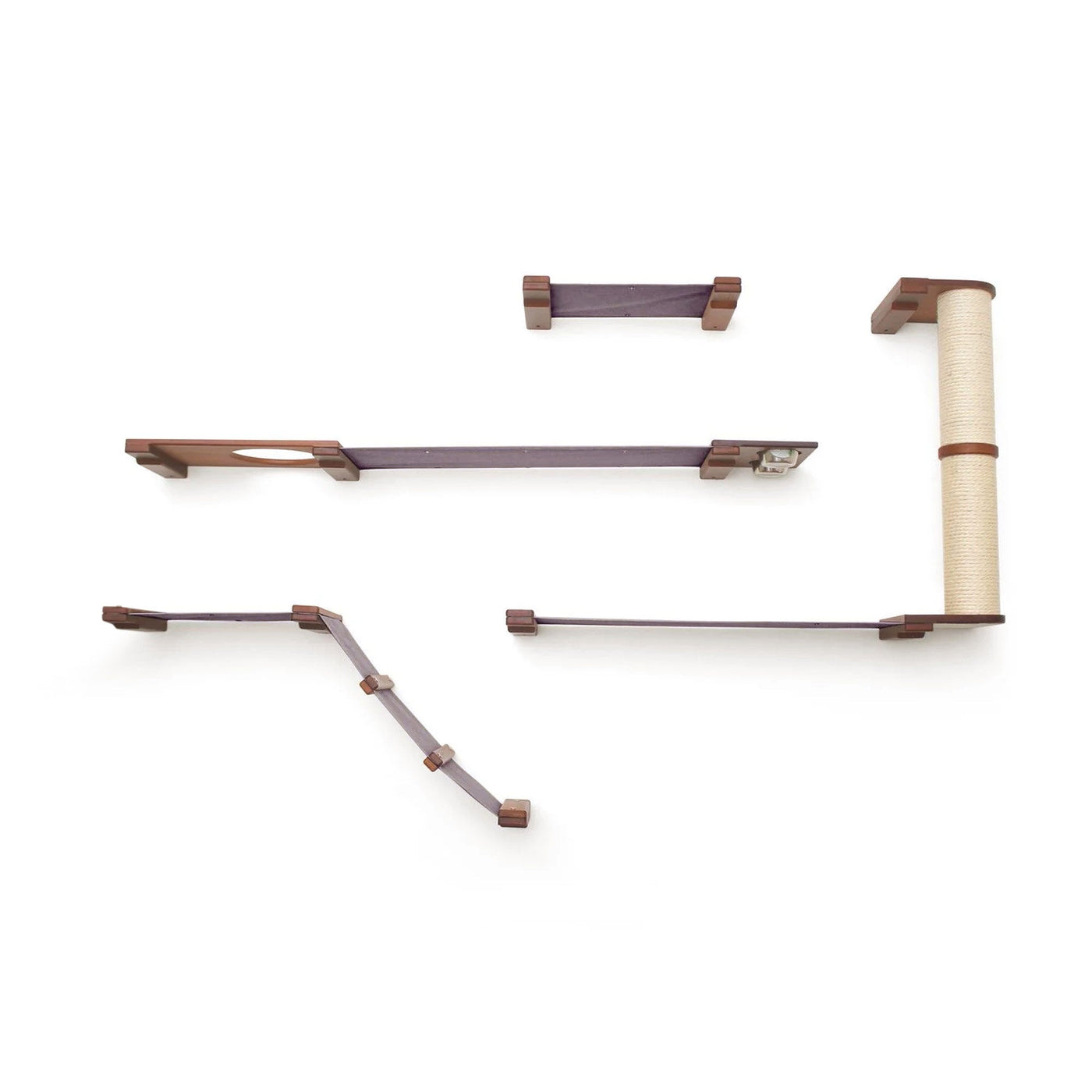 Large wall mounted bamboo cat condo with a feeder, planter, scratching pole, and several canvas hammocks