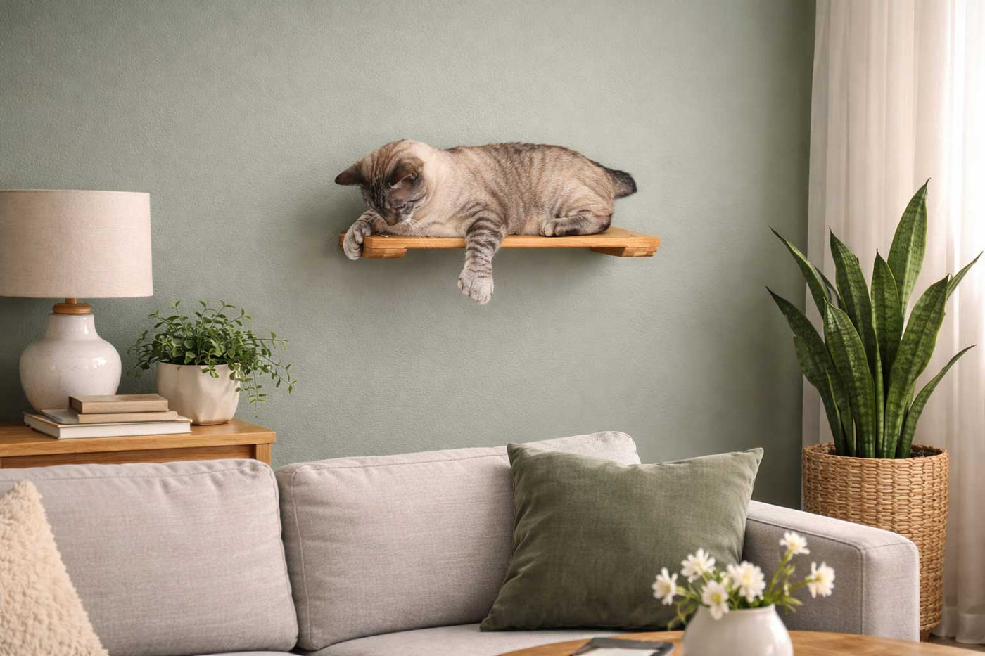 Wall mounted solid bamboo cat shelf with a soft faux fur pad on top