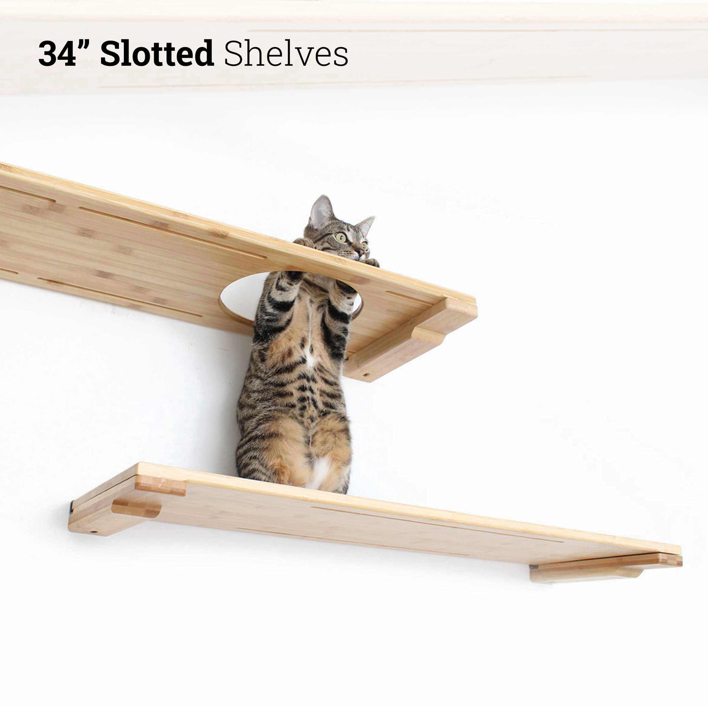Wall mounted solid bamboo cat shelf with a soft faux fur pad on top