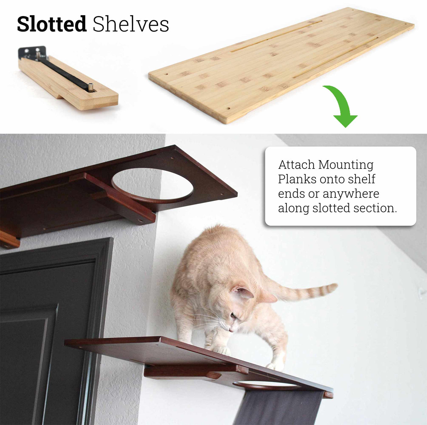 Wall mounted solid bamboo cat shelf with a soft faux fur pad on top