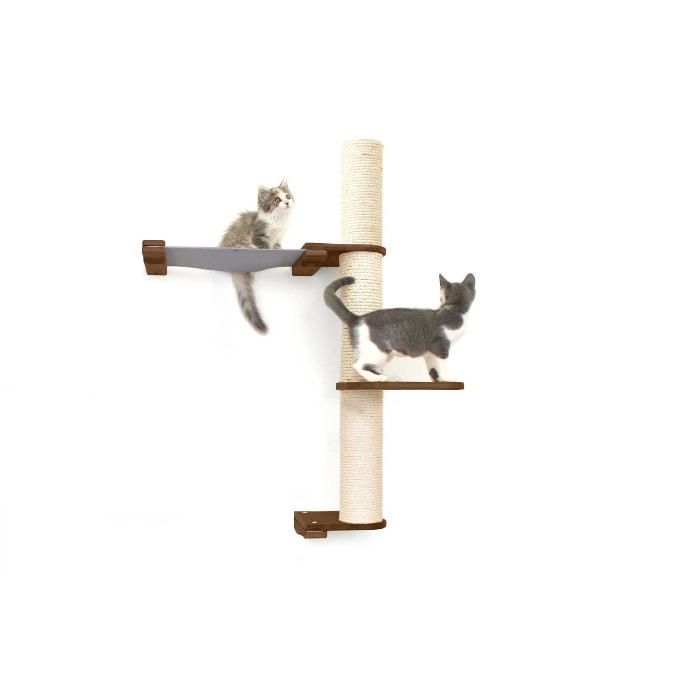 Tall wall mounted cat scratcher tree with a sisal pole installed high near the ceiling