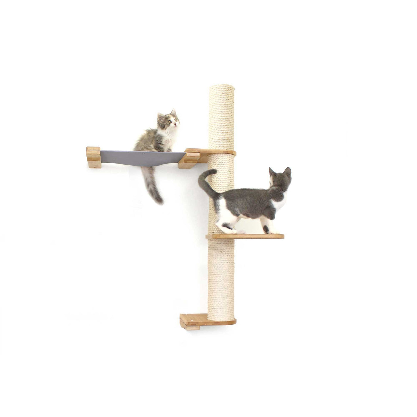 Tall wall mounted cat scratcher tree with a sisal pole installed high near the ceiling