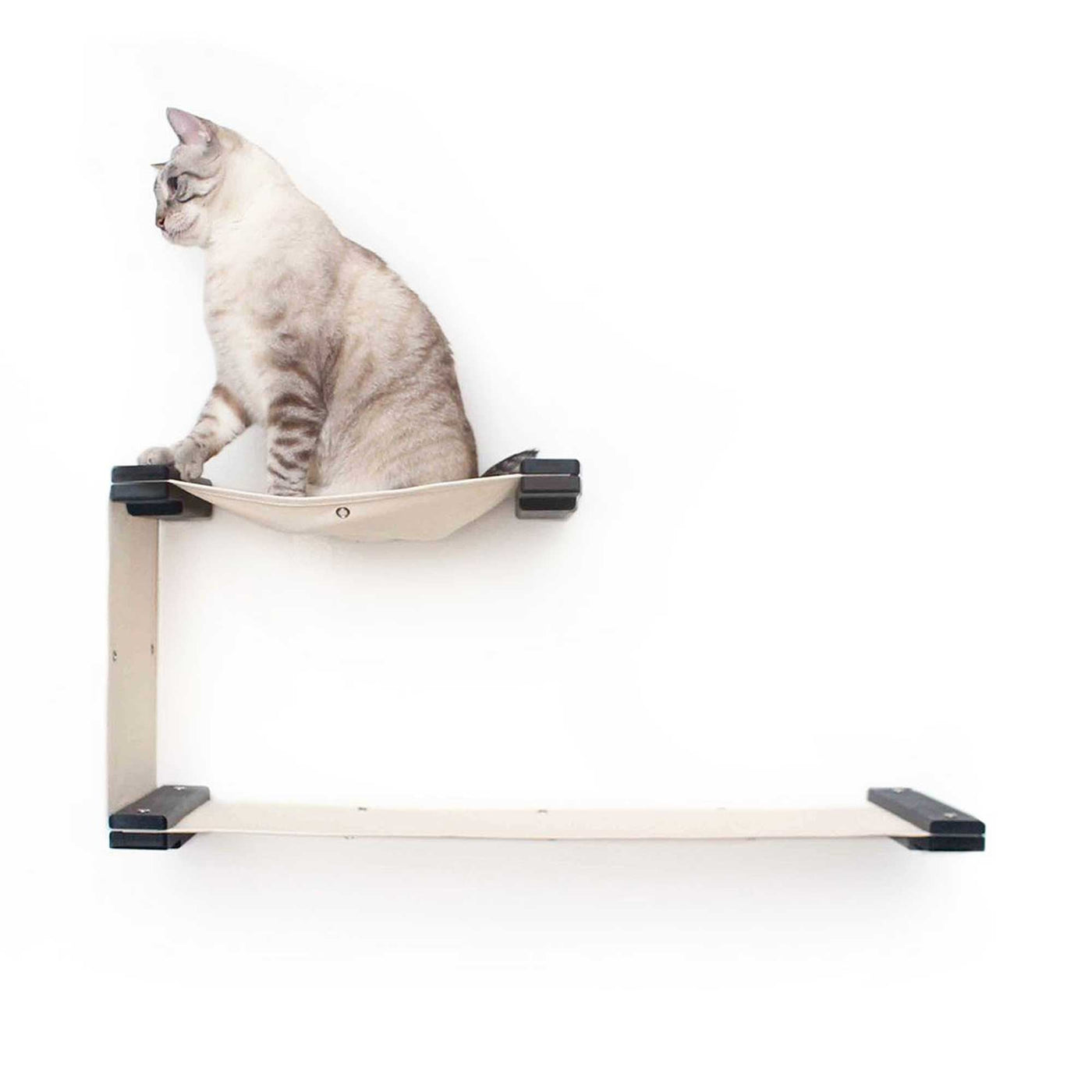 Wall mounted two-level cat hammock in canvas with a lower and upper bed and a fabric divider
