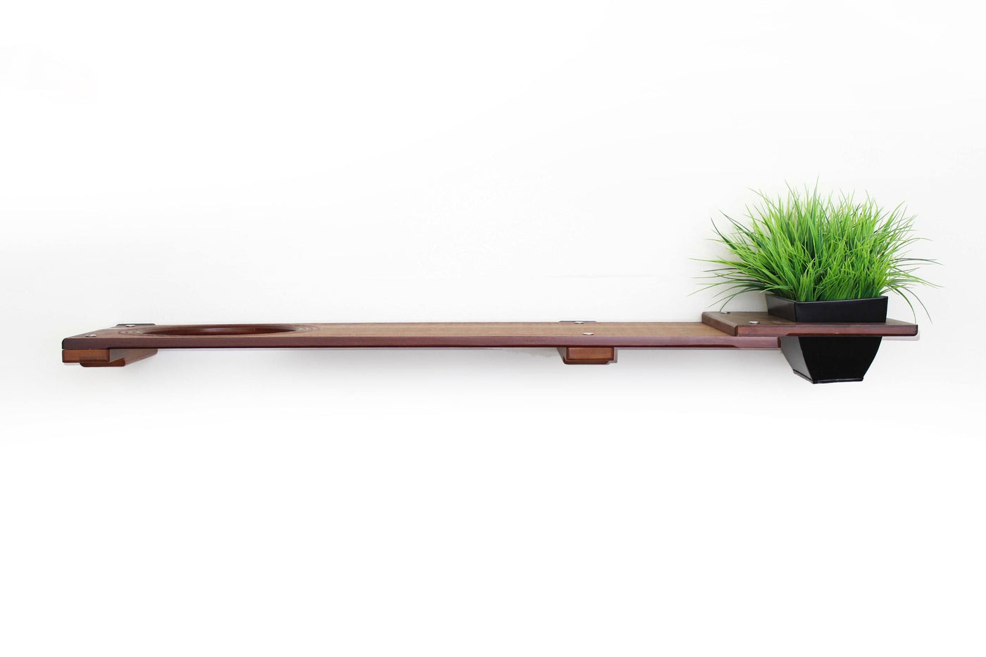 Wall mounted bamboo cat perch shelf with planter pots of greenery on either side