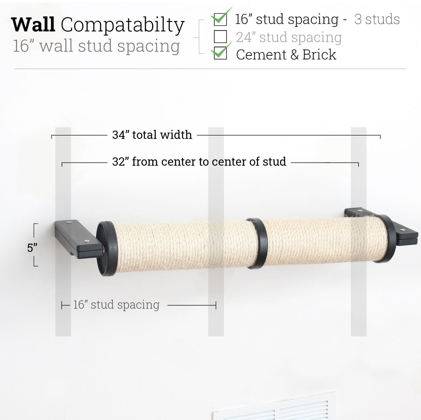 Wall mounted horizontal sisal cat scratching post running sideways across the wall